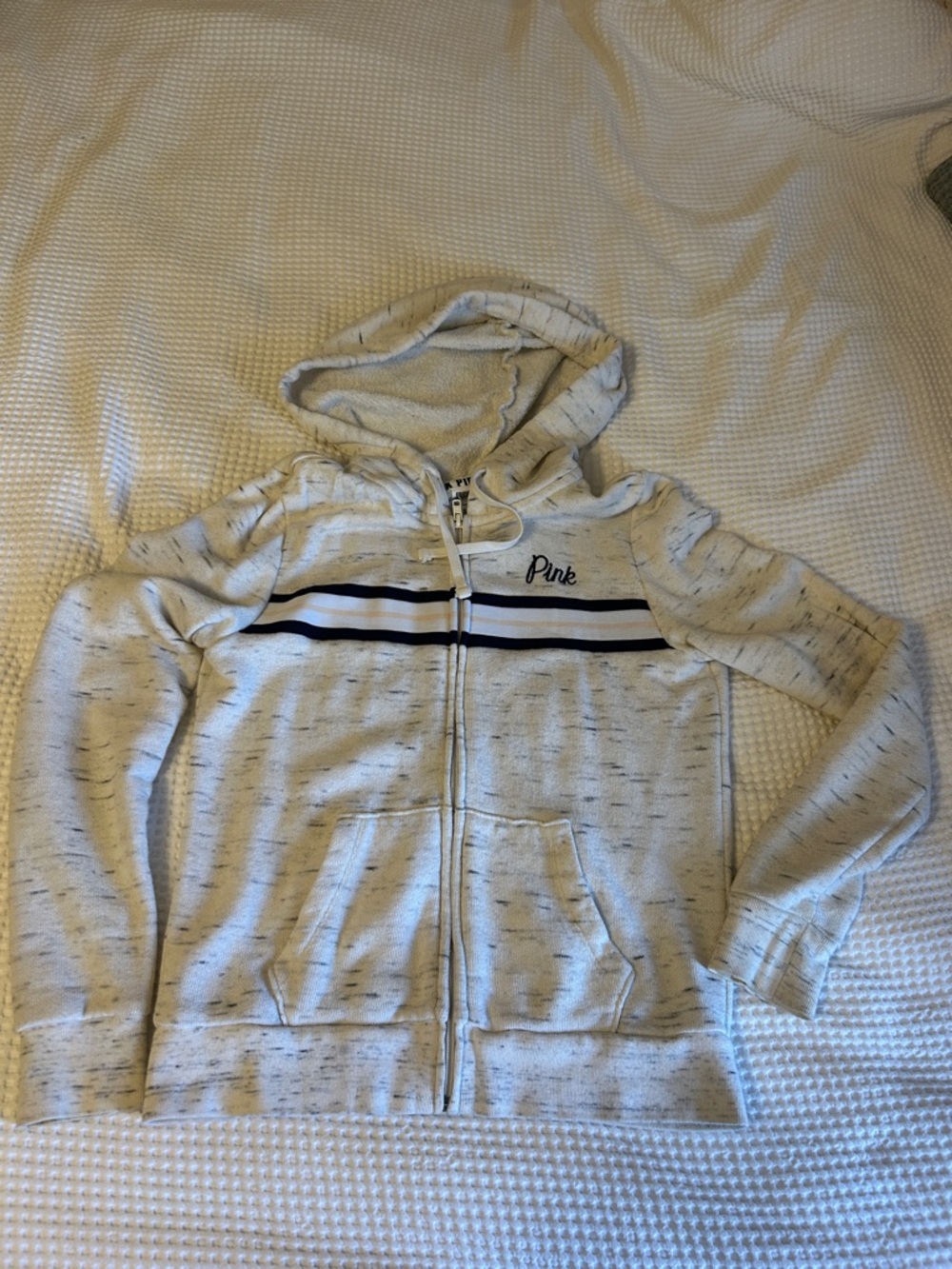 PINK Victoria's Secret Cream Zip-Up Hoodie with Navy Stripes